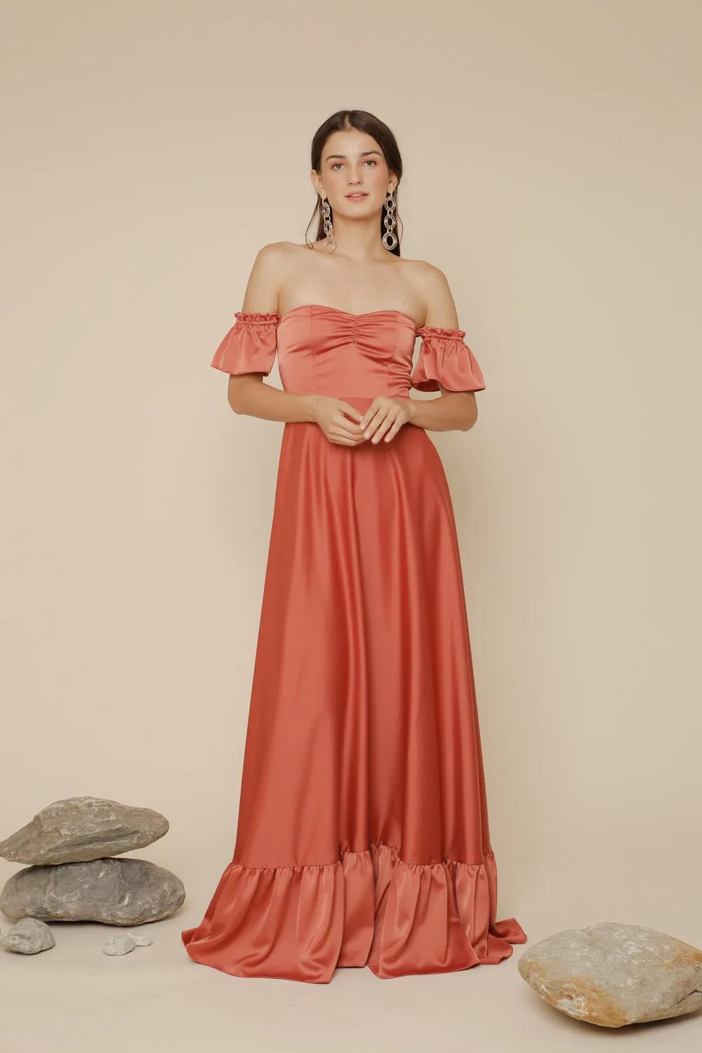 JOSEFINA Off Shoulder Maxi Dress with Ruffled Hem (Rust Silk Crepe)