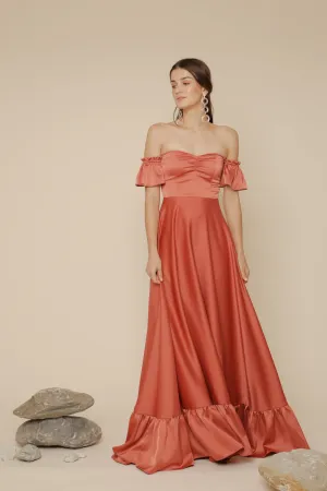 JOSEFINA Off Shoulder Maxi Dress with Ruffled Hem (Rust Silk Crepe)