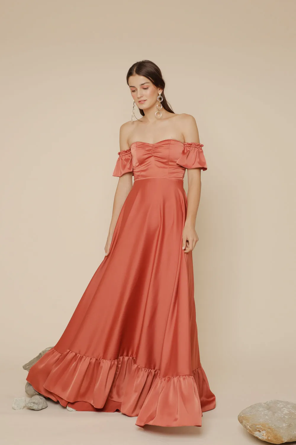 JOSEFINA Off Shoulder Maxi Dress with Ruffled Hem (Rust Silk Crepe)