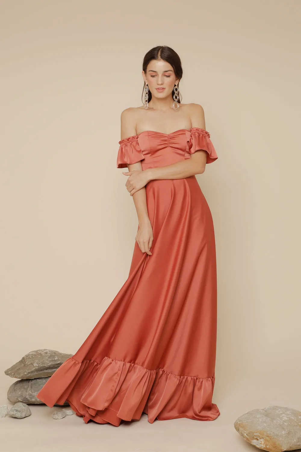 JOSEFINA Off Shoulder Maxi Dress with Ruffled Hem (Rust Silk Crepe)