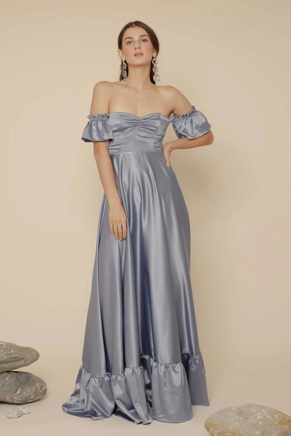 JOSEFINA Off Shoulder Maxi Dress with Ruffled Hem (Serenity Blue Silk Crepe)
