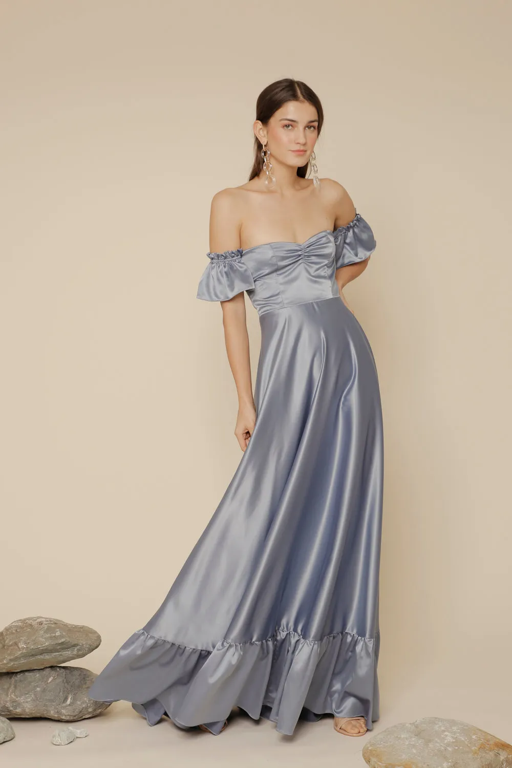 JOSEFINA Off Shoulder Maxi Dress with Ruffled Hem (Serenity Blue Silk Crepe)