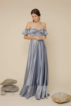 JOSEFINA Off Shoulder Maxi Dress with Ruffled Hem (Serenity Blue Silk Crepe)