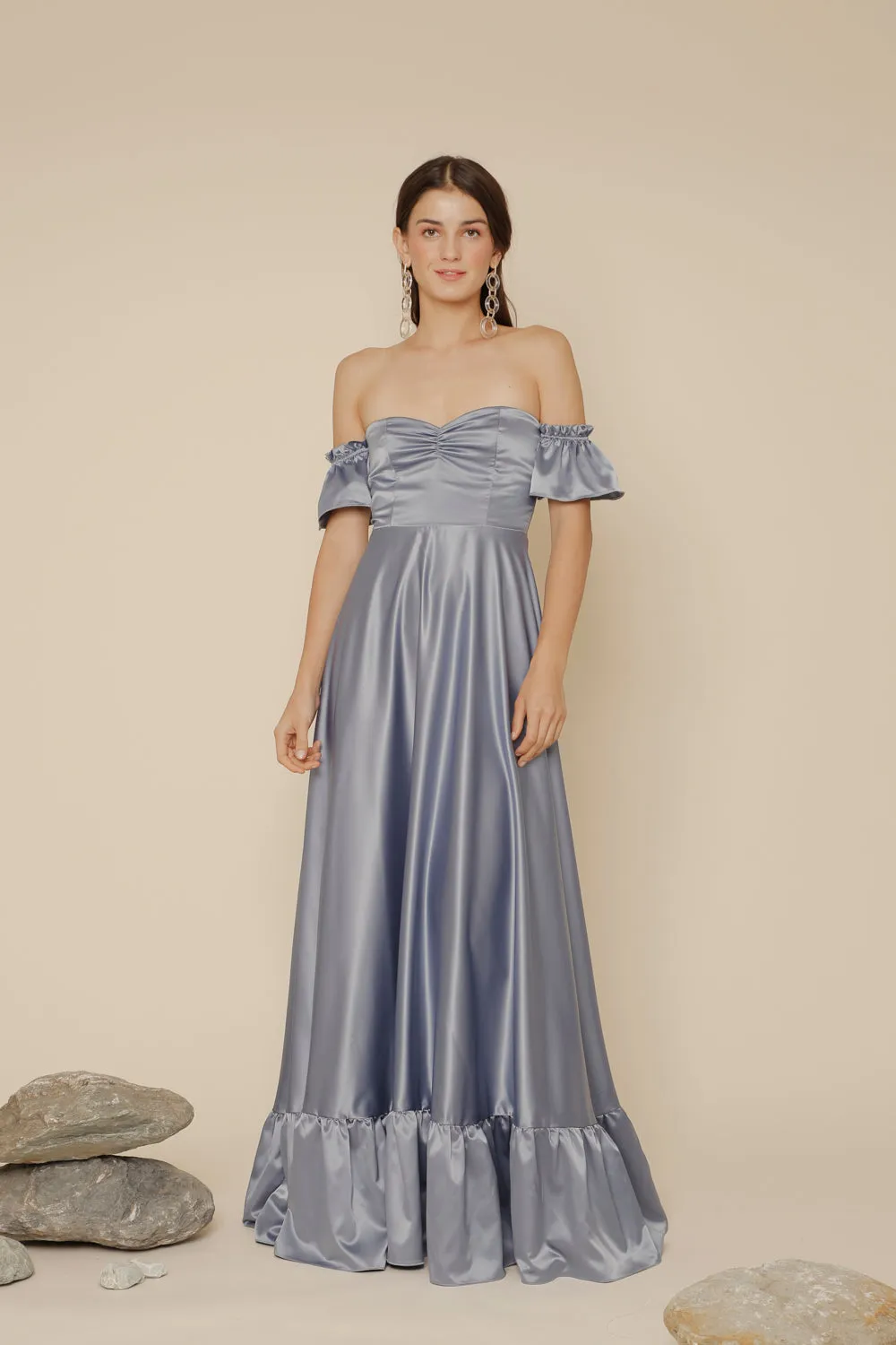 JOSEFINA Off Shoulder Maxi Dress with Ruffled Hem (Serenity Blue Silk Crepe)