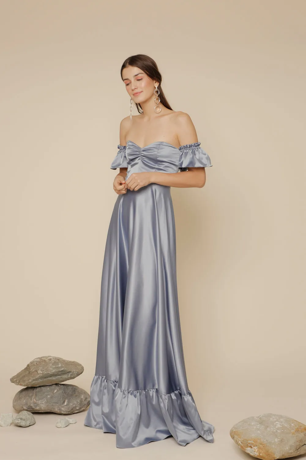 JOSEFINA Off Shoulder Maxi Dress with Ruffled Hem (Serenity Blue Silk Crepe)