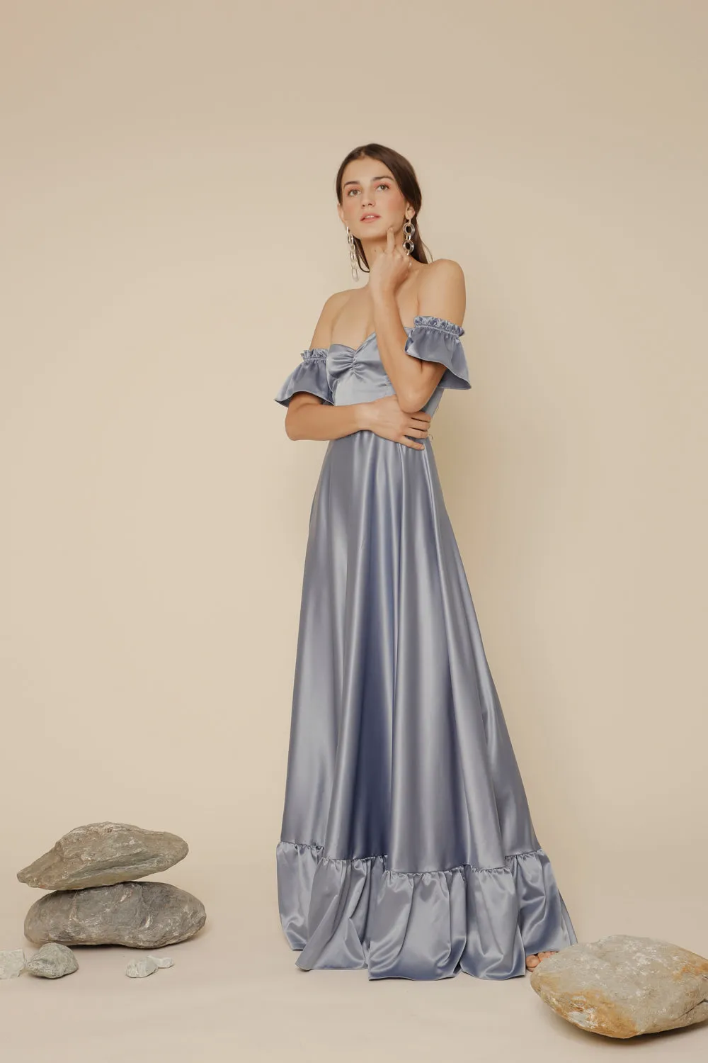 JOSEFINA Off Shoulder Maxi Dress with Ruffled Hem (Serenity Blue Silk Crepe)