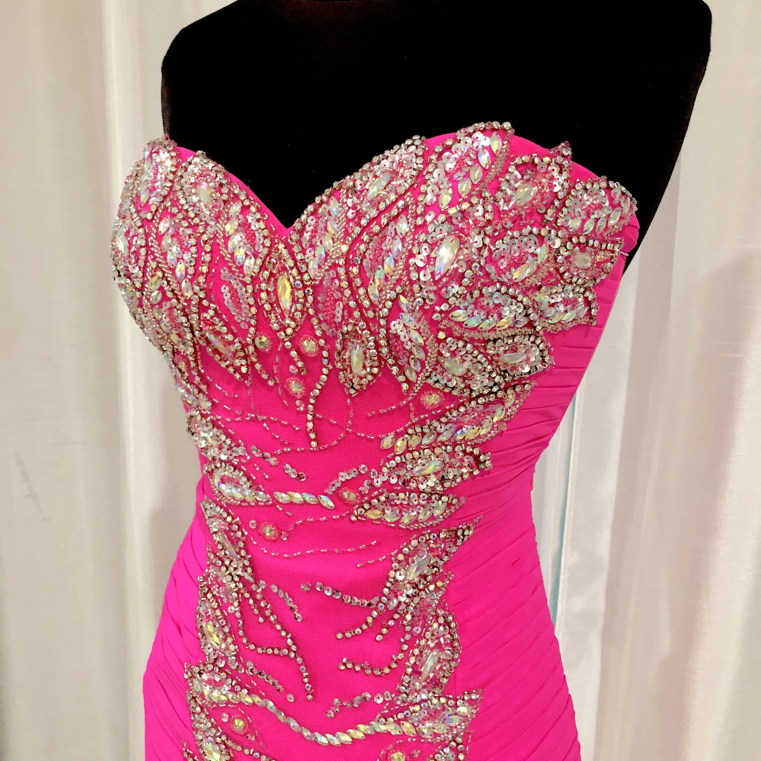 JOVANI 22256 Hot Pink Strapless Beaded Bodice Ruched Dress Size 0
