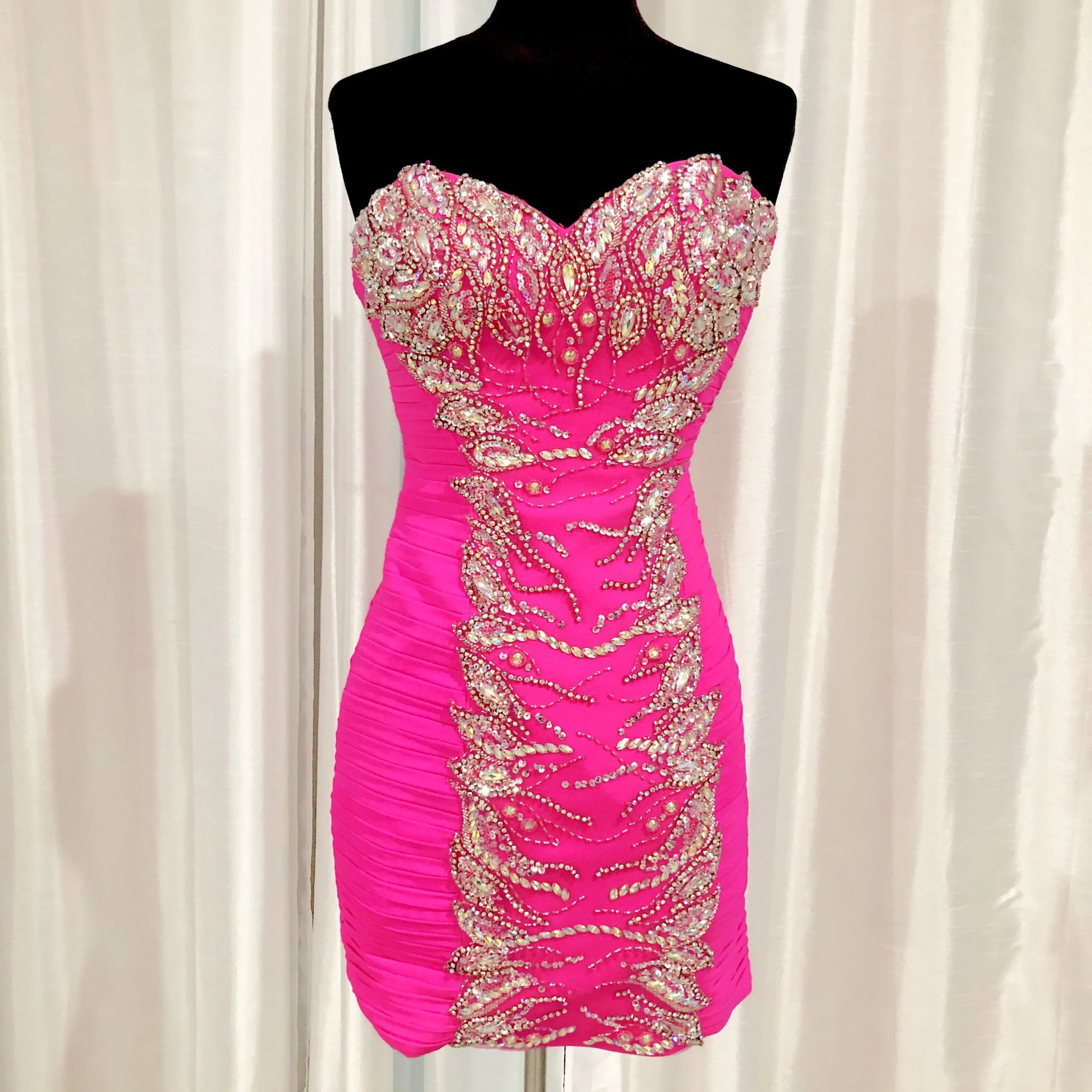 JOVANI 22256 Hot Pink Strapless Beaded Bodice Ruched Dress Size 0