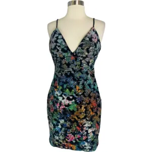 JOVANI 63472 Black & Multi-Color Spaghetti Strap Sequin Short Dress Size 4