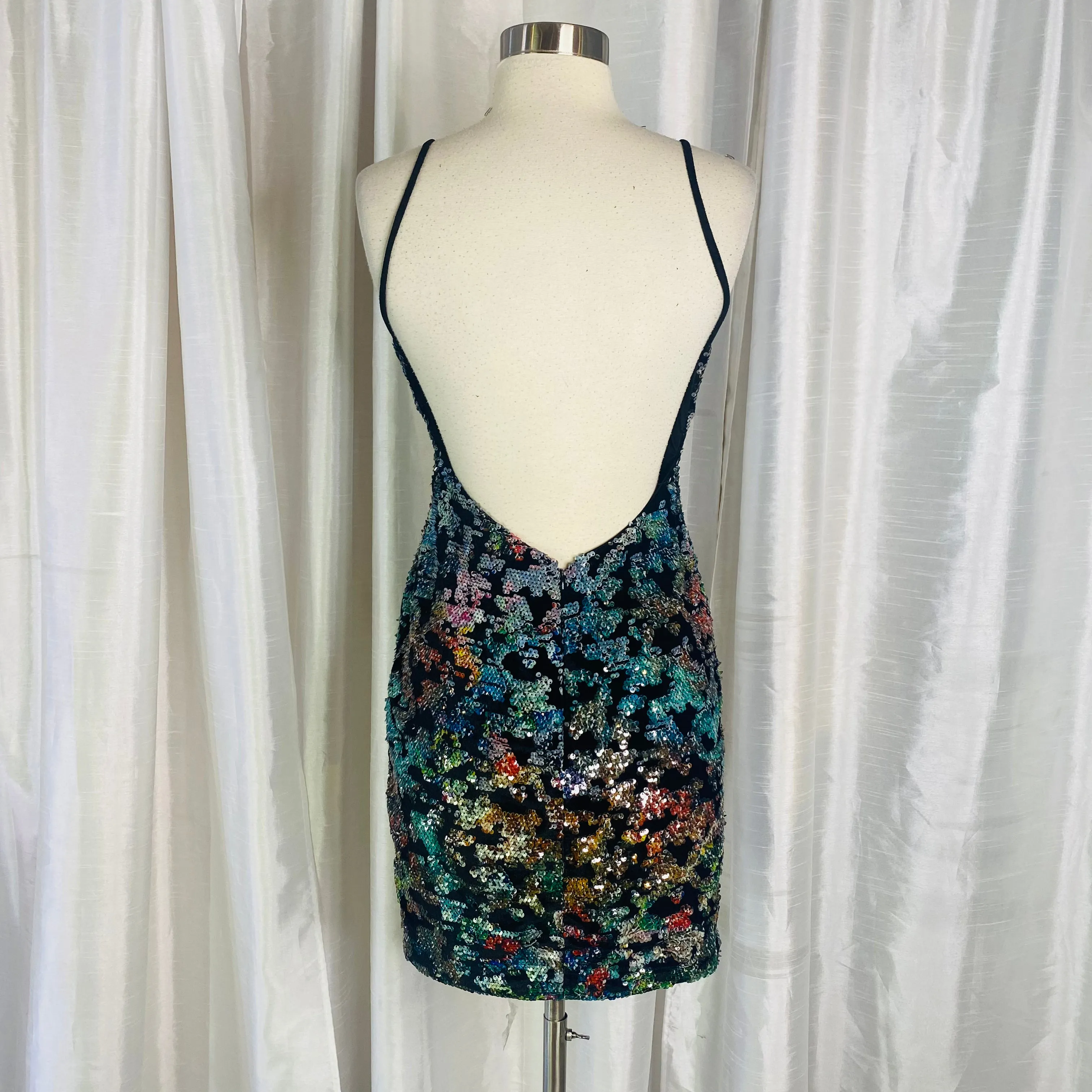 JOVANI 63472 Black & Multi-Color Spaghetti Strap Sequin Short Dress Size 4