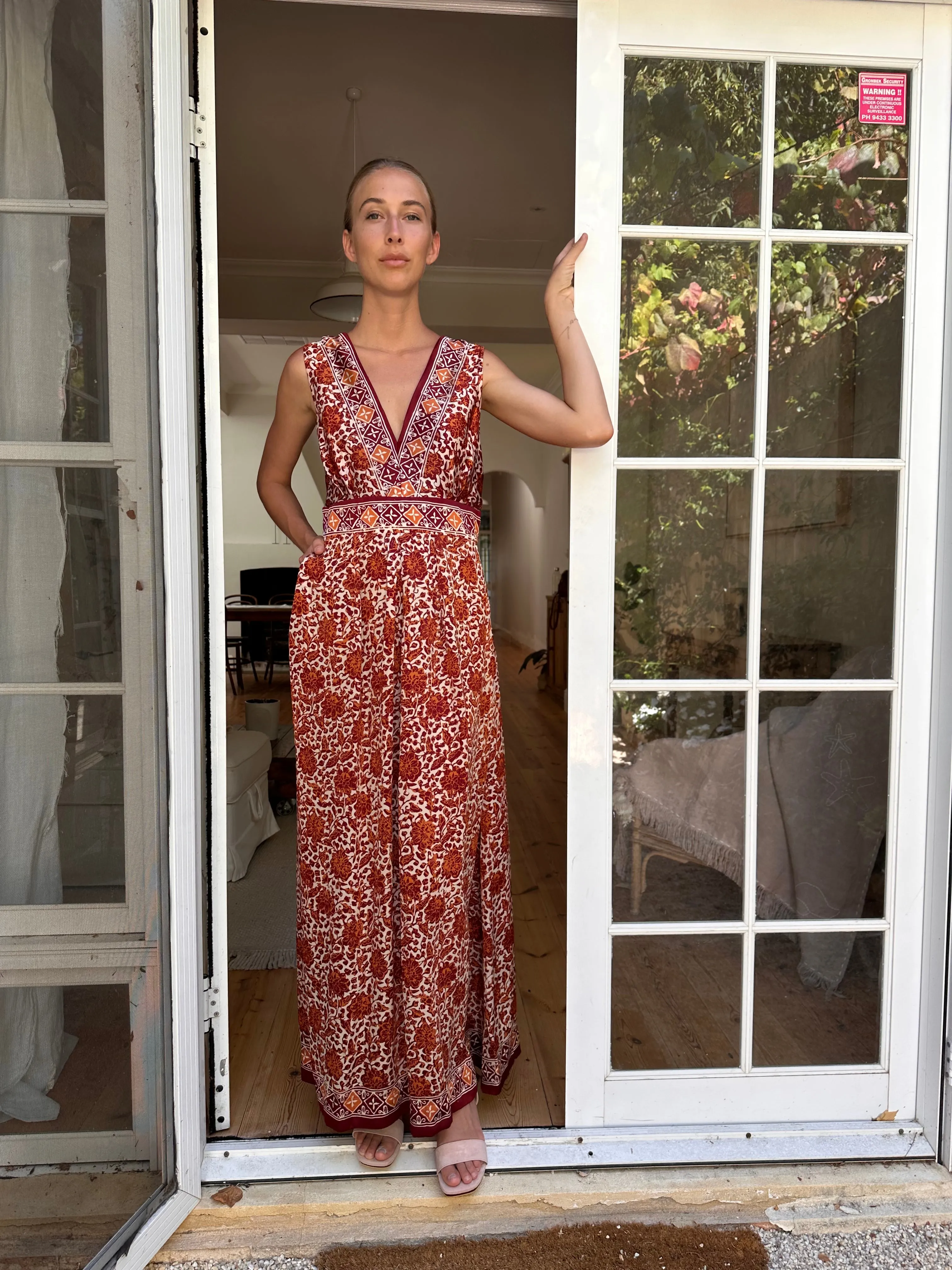 June Silk Dress in Rust Camellia Print