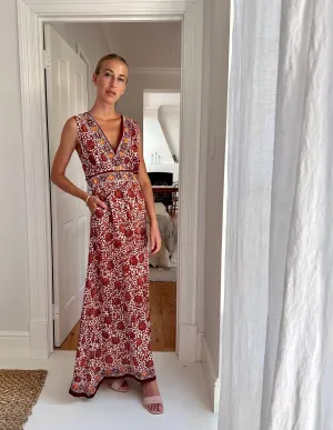 June Silk Dress in Rust Camellia Print
