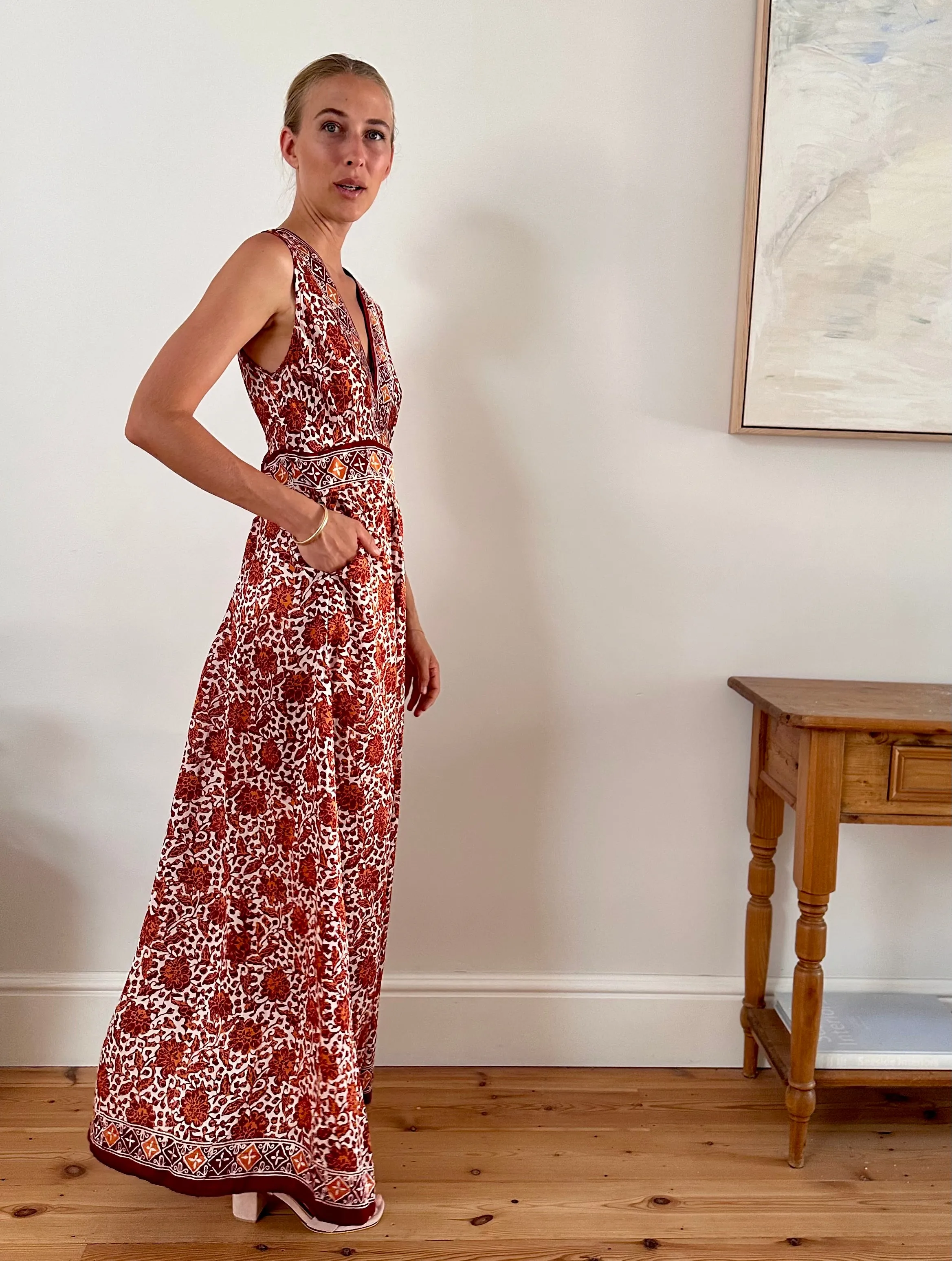 June Silk Dress in Rust Camellia Print