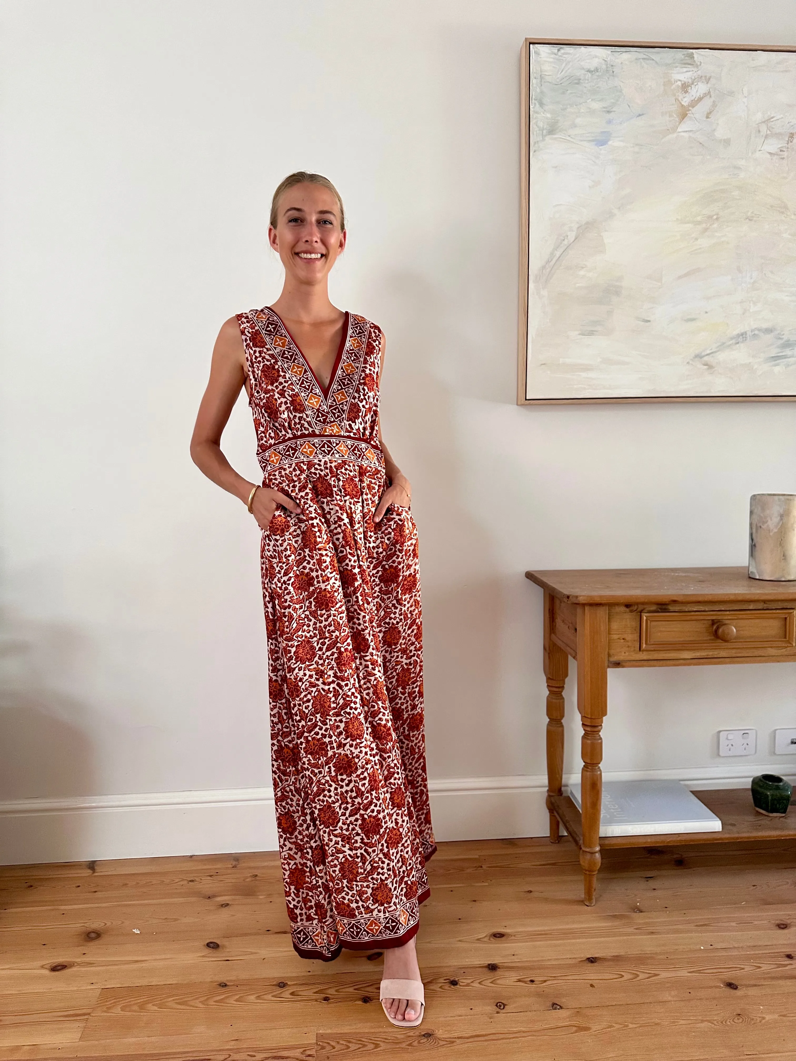 June Silk Dress in Rust Camellia Print