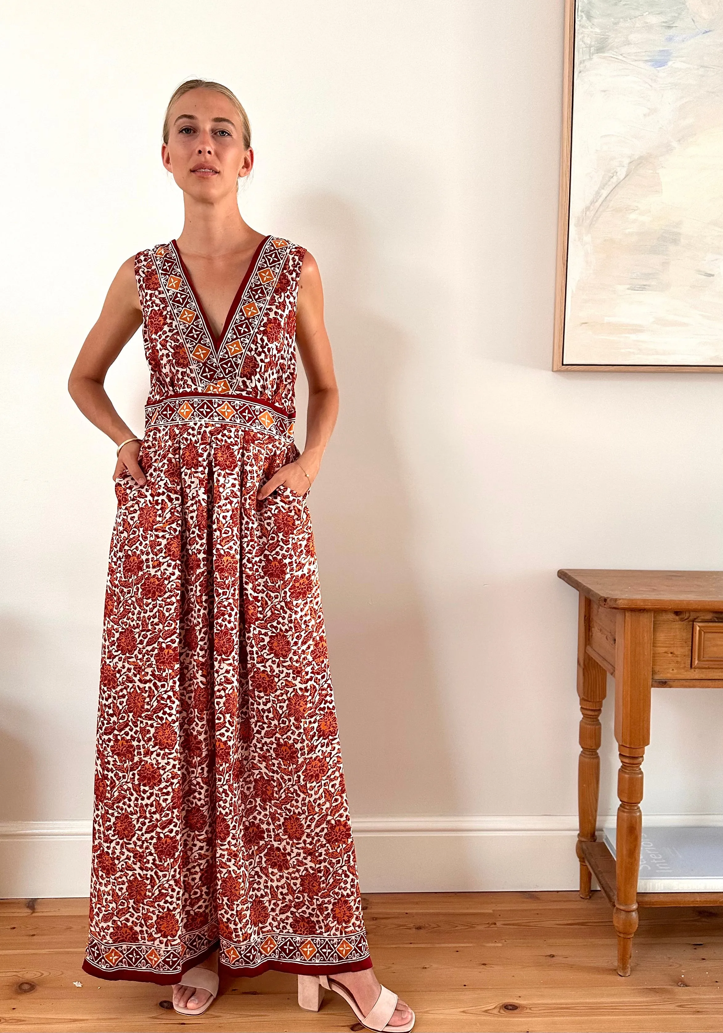June Silk Dress in Rust Camellia Print
