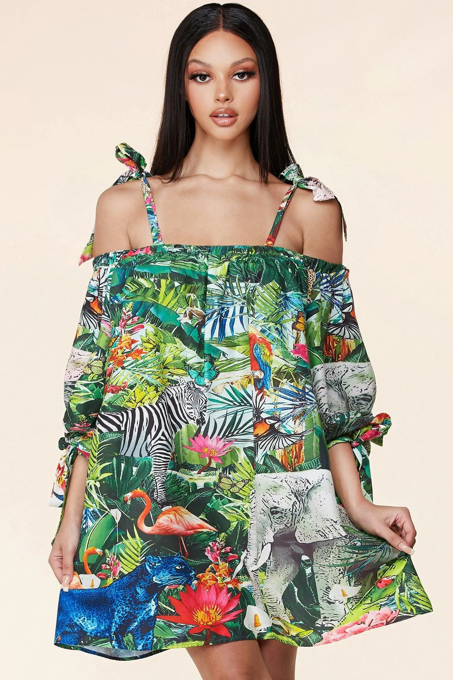 JUNGLE PRINT OFF SHOULDER MINI DRESS