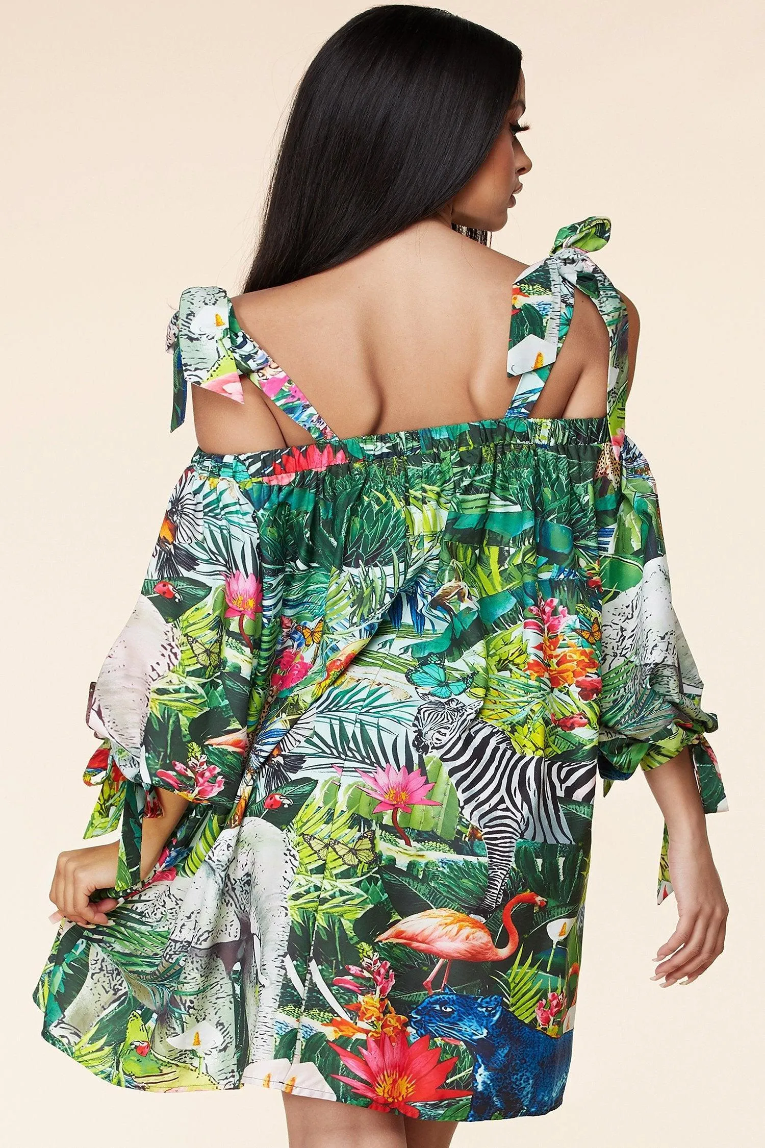 JUNGLE PRINT OFF SHOULDER MINI DRESS