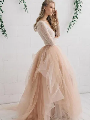 Lace Long Sleeve Champagne Wedding Dress Sexy V-Neck Rustic Wedding Dress Bridal Gown CA045