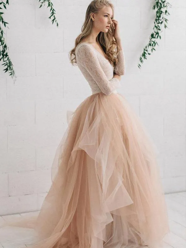 Lace Long Sleeve Champagne Wedding Dress Sexy V-Neck Rustic Wedding Dress Bridal Gown CA045