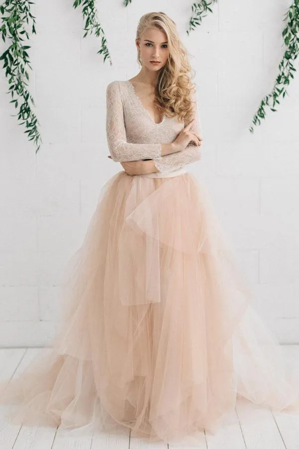 Lace Long Sleeve Champagne Wedding Dress Sexy V-Neck Rustic Wedding Dress Bridal Gown CA045