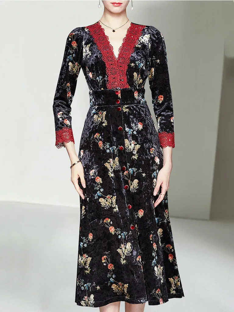 Lace V Neck Floral Velvet Dress Vintage Dress
