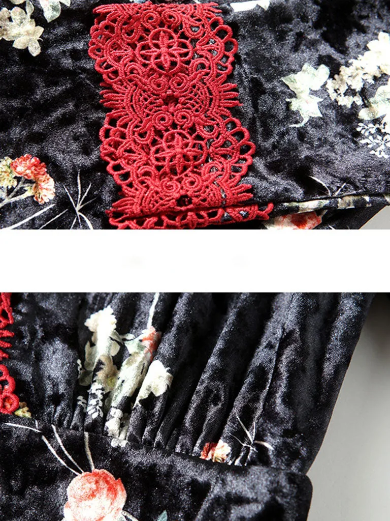 Lace V Neck Floral Velvet Dress Vintage Dress
