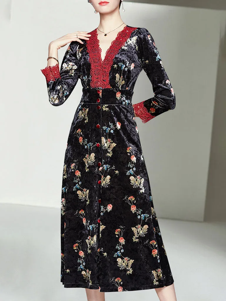 Lace V Neck Floral Velvet Dress Vintage Dress