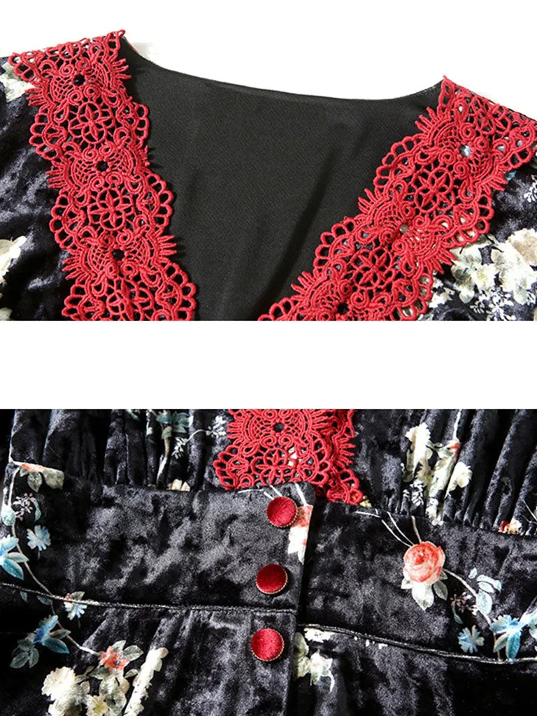 Lace V Neck Floral Velvet Dress Vintage Dress