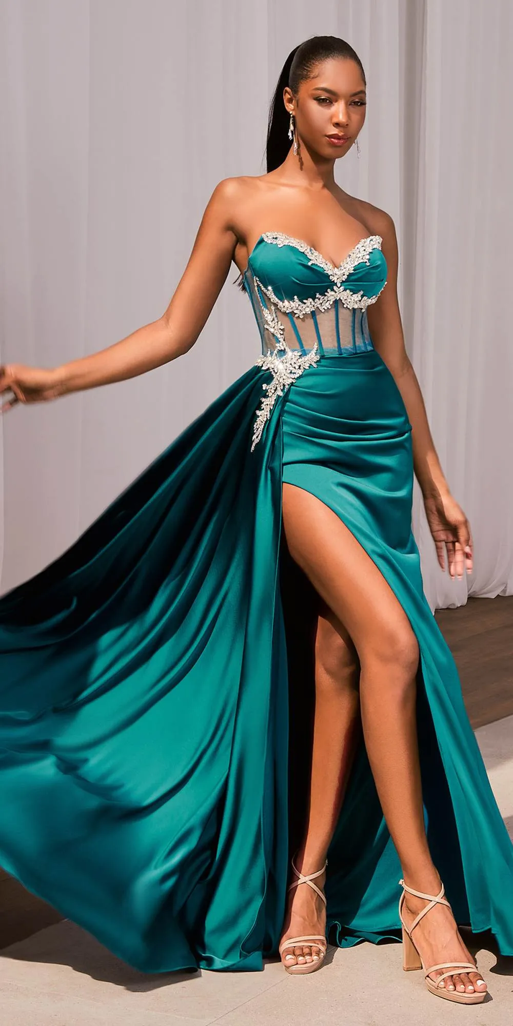 Ladivine CD343 Strapless Satin Fitted Prom Gown With Embellishments
