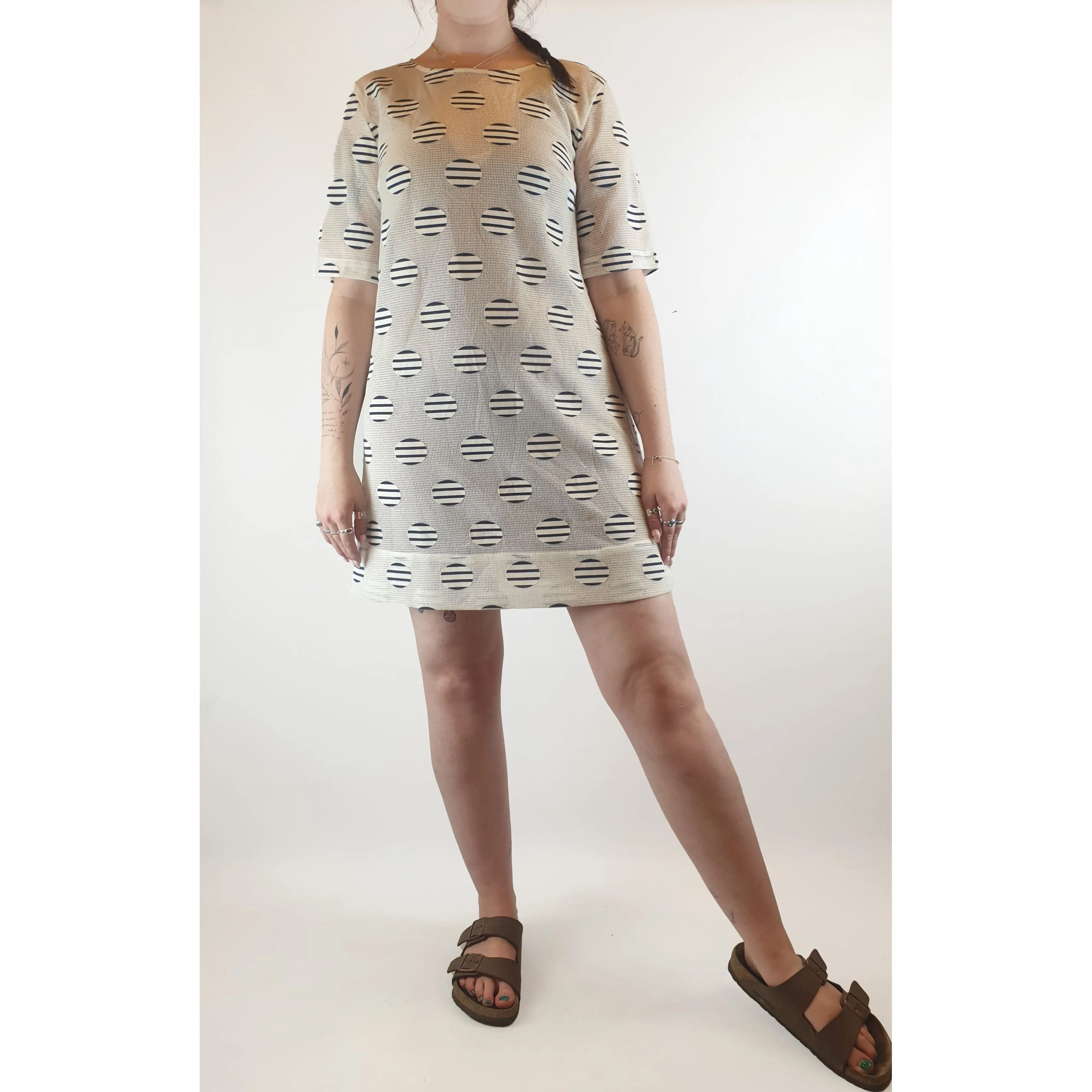 Leonard St white sheer dress with cute navy and white embroydered polka dots size 12