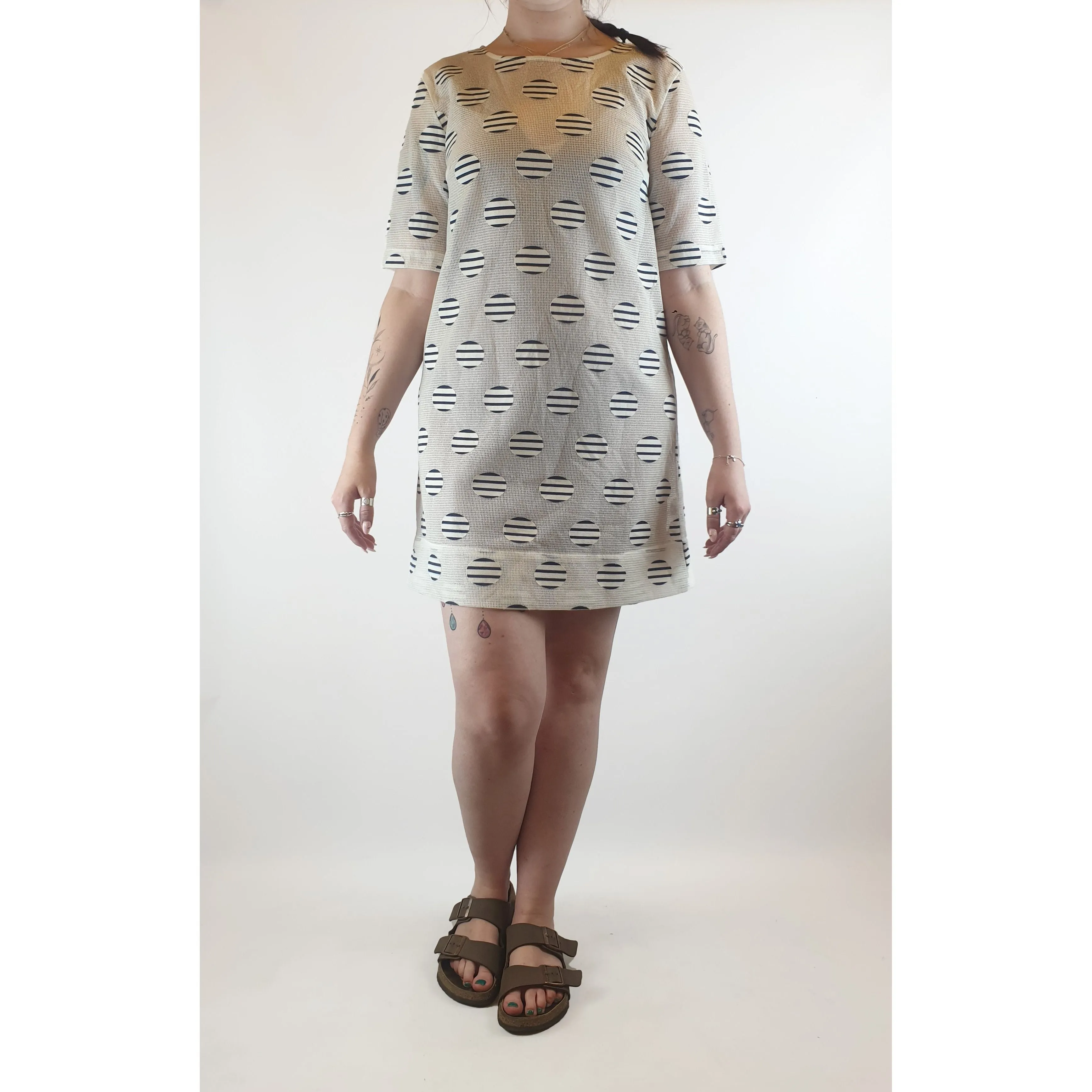 Leonard St white sheer dress with cute navy and white embroydered polka dots size 12