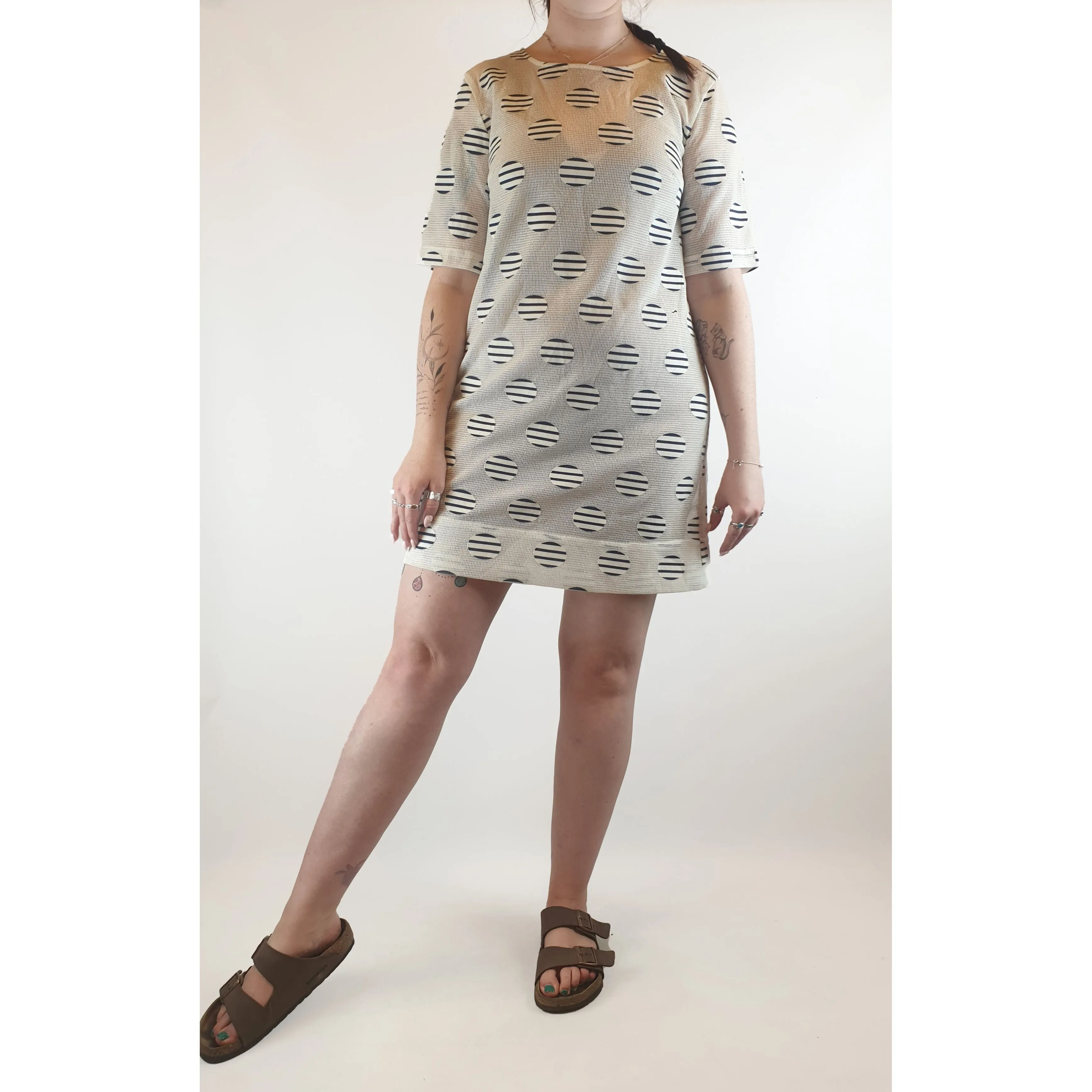 Leonard St white sheer dress with cute navy and white embroydered polka dots size 12