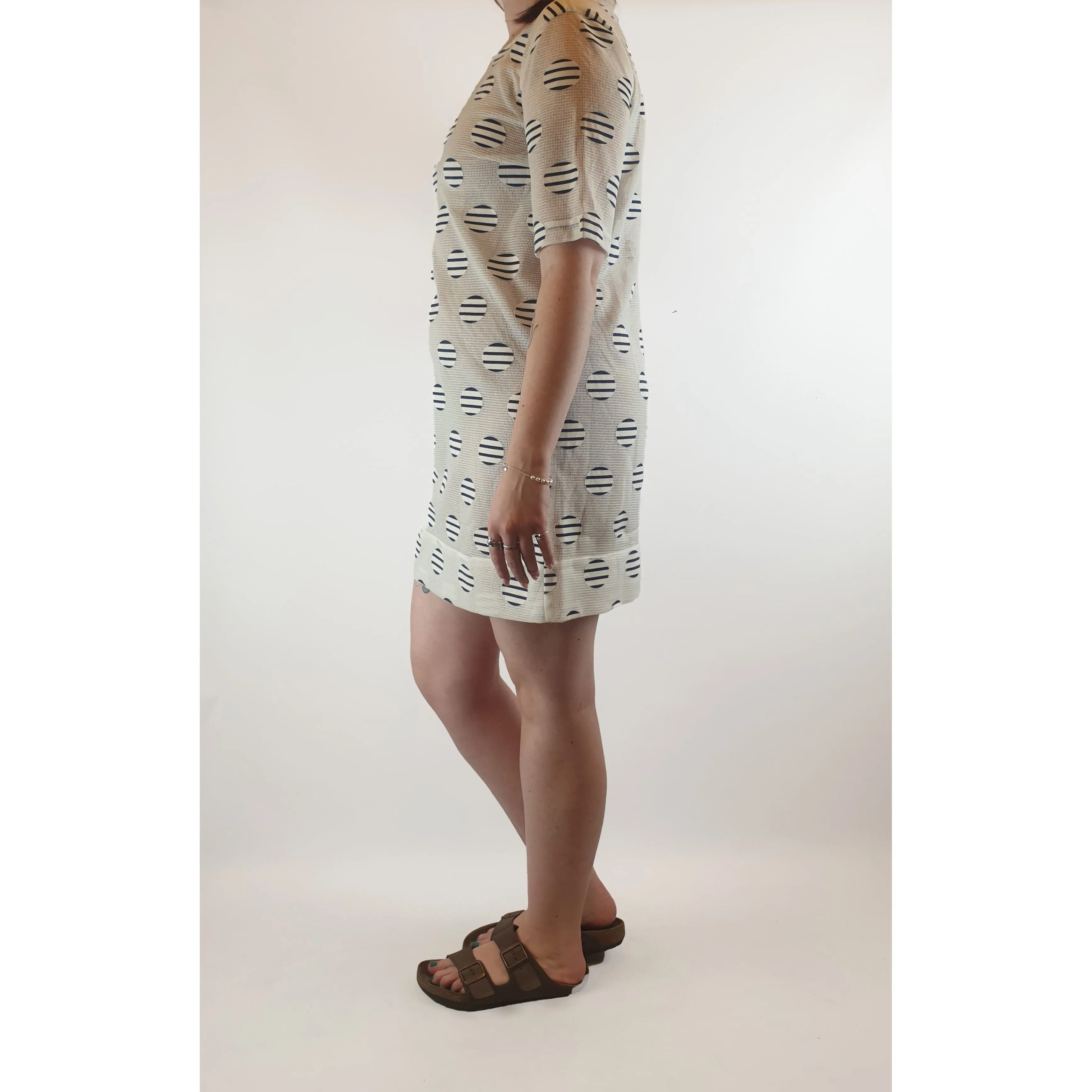 Leonard St white sheer dress with cute navy and white embroydered polka dots size 12