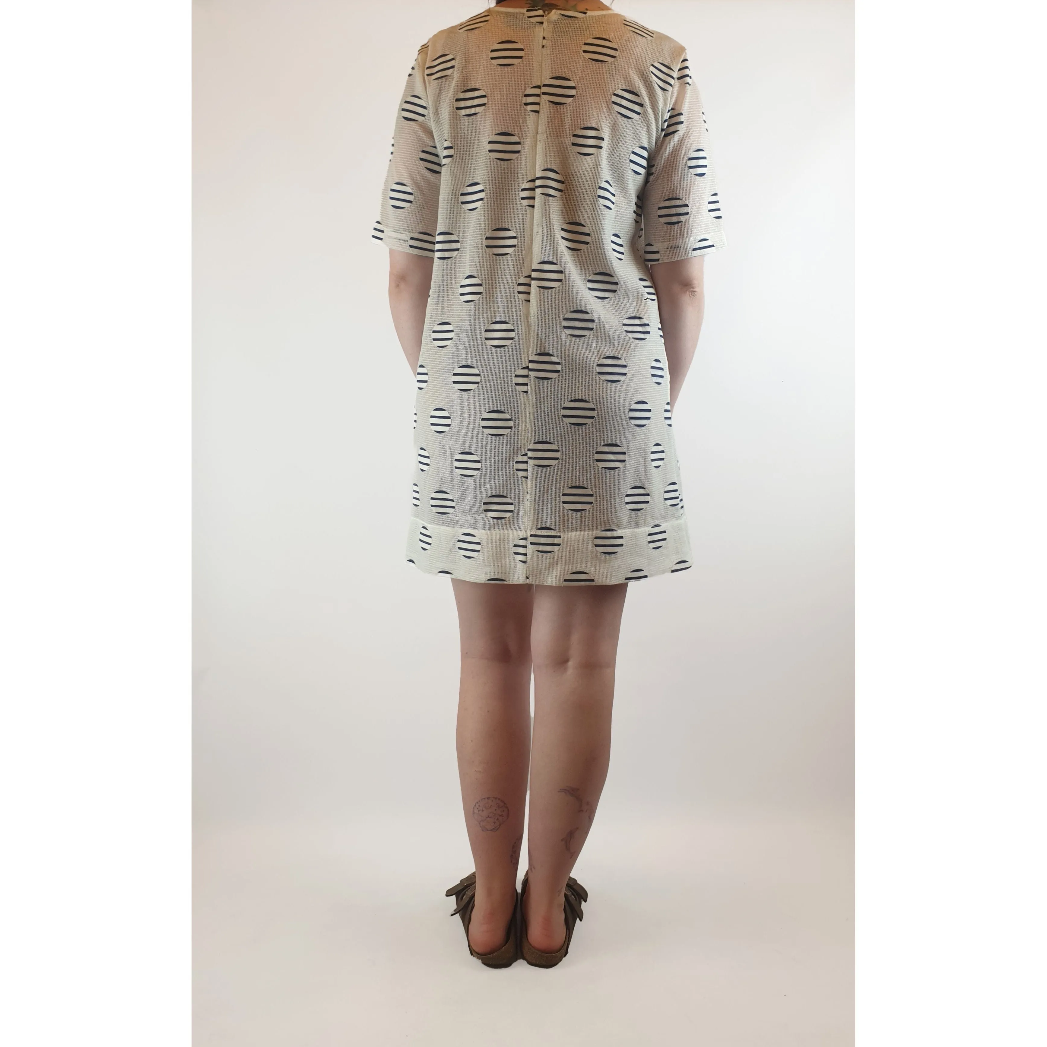 Leonard St white sheer dress with cute navy and white embroydered polka dots size 12