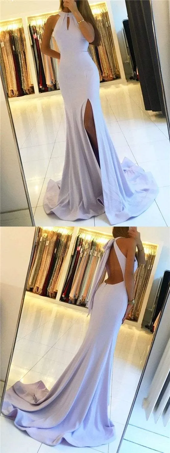 Lilac Prom Dresses, Halter Prom Dresses, Side Slit Prom Dresses, Cheap Prom Dresses, BG0430