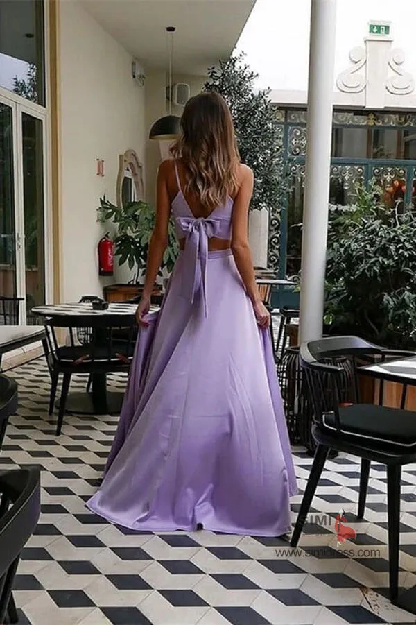 Lilac Satin Two Pieces Spaghetti Straps Sweetheart Prom Dresses with Bow, SP645