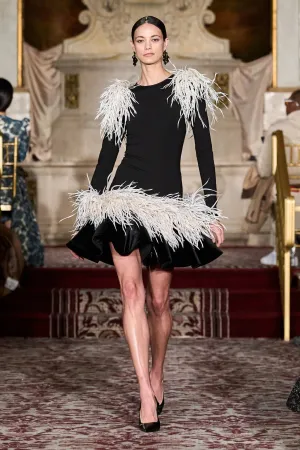 Long Sleeve Dress with Velvet Ruffle Hem and Feathers