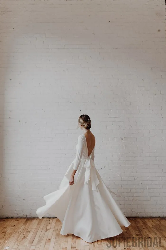 Long Sleeves Hi-low Ivory V-back Simple Wedding Dresses, WD0291