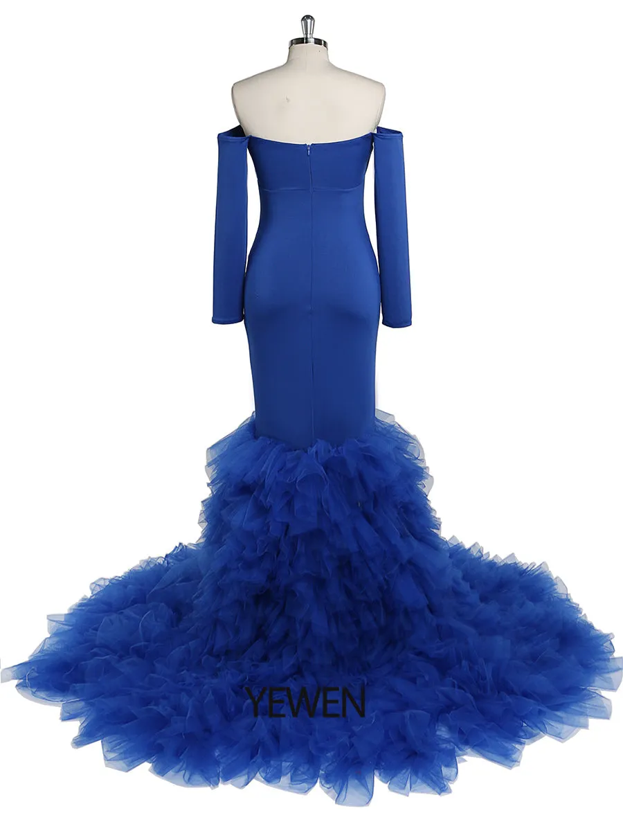 Long Sleeves Royal Blue Mermaid Maternity Dress for Photo Shoots Photography Gown for Baby Shower YW220119