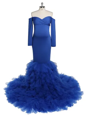 Long Sleeves Royal Blue Mermaid Maternity Dress for Photo Shoots Photography Gown for Baby Shower YW220119