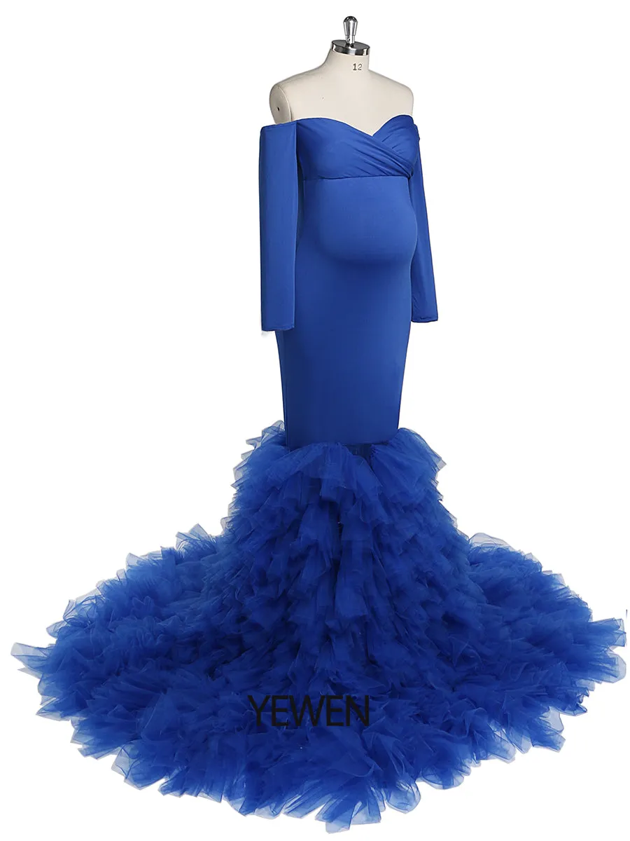 Long Sleeves Royal Blue Mermaid Maternity Dress for Photo Shoots Photography Gown for Baby Shower YW220119