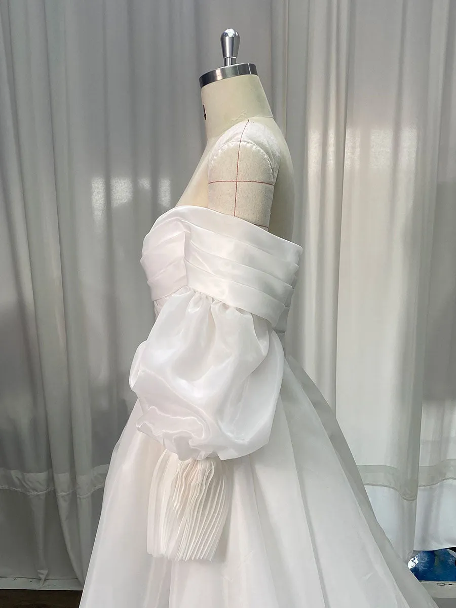Long Train Silk Organza Wedding Dress Engagement Dress with Puffy Sleeves Custom Wedding Dress YW240025