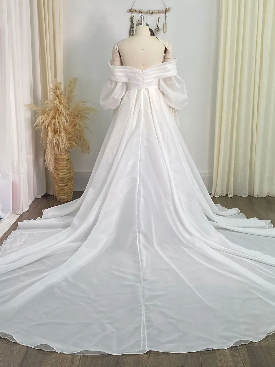 Long Train Silk Organza Wedding Dress Engagement Dress with Puffy Sleeves Custom Wedding Dress YW240025