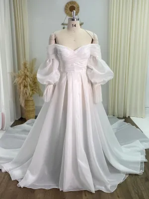 Long Train Silk Organza Wedding Dress Engagement Dress with Puffy Sleeves Custom Wedding Dress YW240025