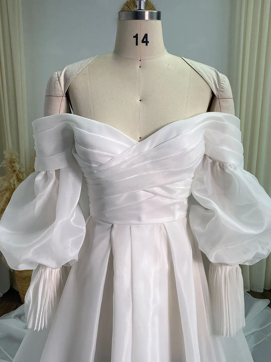 Long Train Silk Organza Wedding Dress Engagement Dress with Puffy Sleeves Custom Wedding Dress YW240025