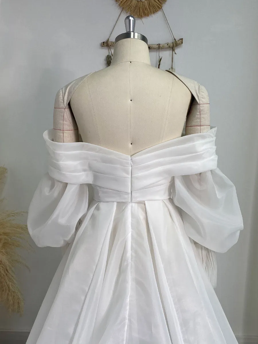 Long Train Silk Organza Wedding Dress Engagement Dress with Puffy Sleeves Custom Wedding Dress YW240025