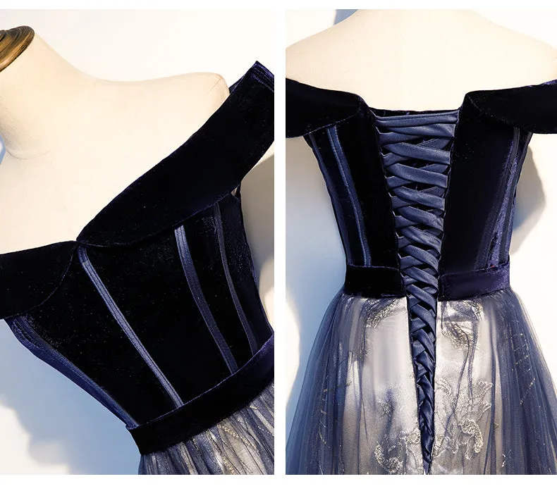 Lovely Off Shoulder Velvet and Tulle Prom Dress, Navy Blue Party Dress Formal Dress