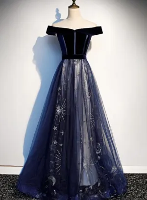 Lovely Off Shoulder Velvet and Tulle Prom Dress, Navy Blue Party Dress Formal Dress