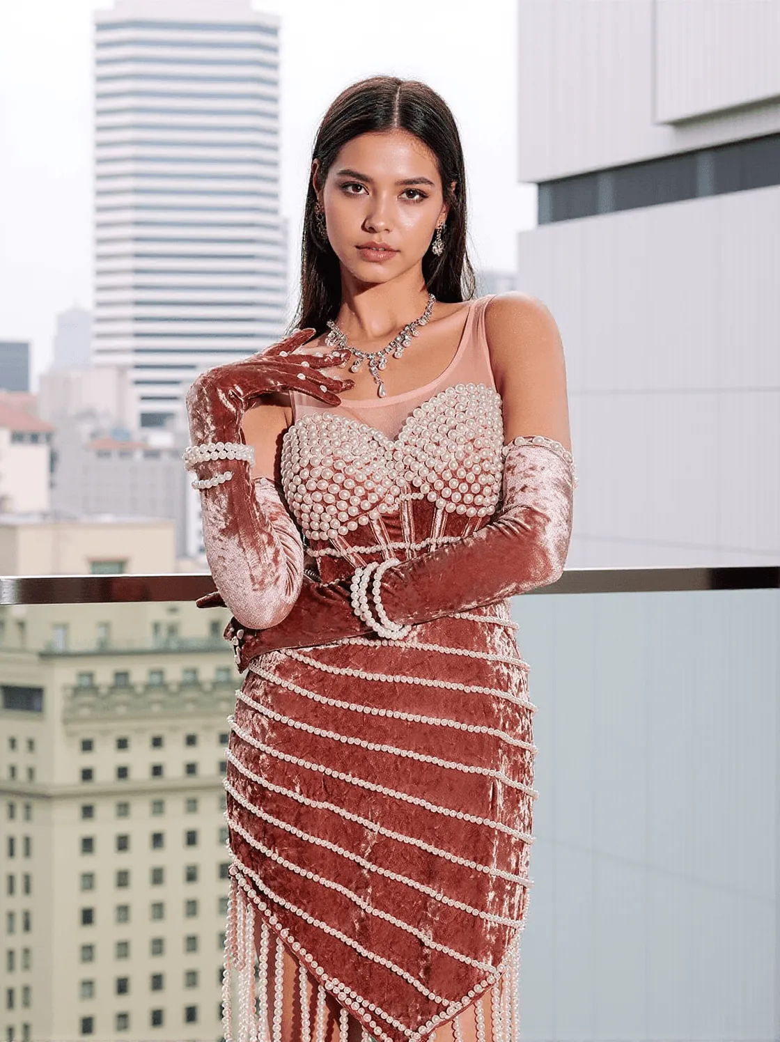 Lucille Pearl Fringe Velvet Mini Dress With Gloves