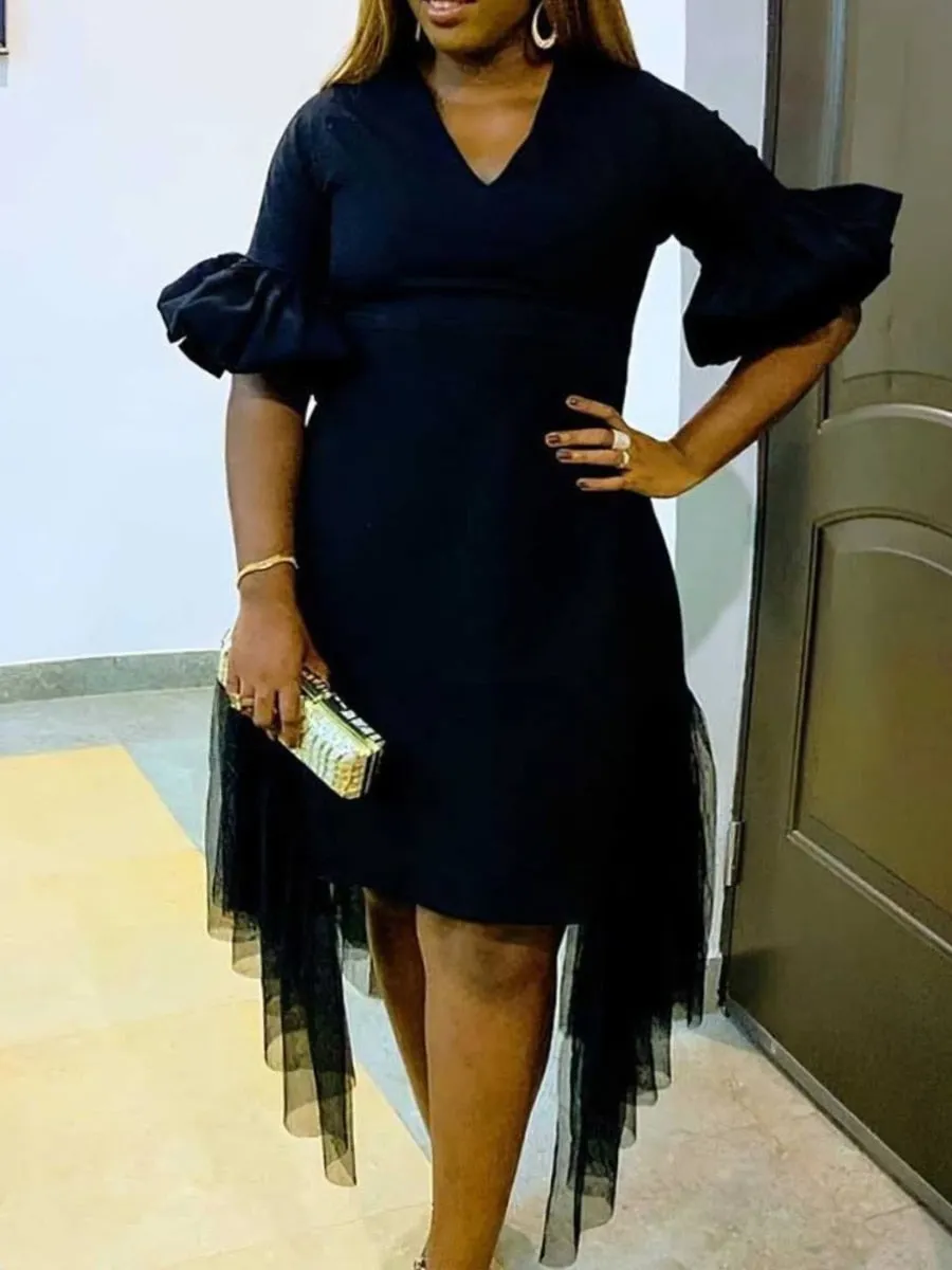 LW Plus Size Flounce Design See Through Hem Dress 2023 Sexy Summer short sleeve dress office elegant party black midi Dresses